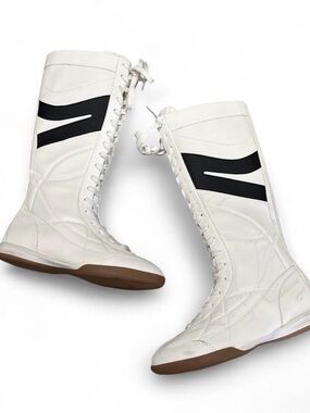 White Lace-Up Knee-High Fashion Boots with Black Accent Boxing Boots Size 35